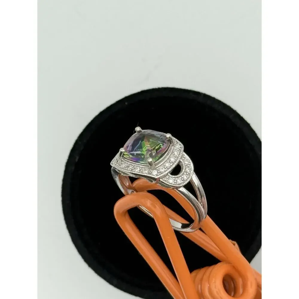 Mystic Topaz Halo Ring Sterling Silver Cushion 9mm Split Shank Sz 8